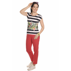 K020-133K - dámské tričko barevné listí v pruzích s překřížením