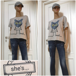 She´s - dámské tričko kočka "bighead" šedá