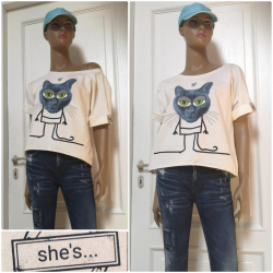 She´s - dámské tričko kočka "bighead"  krémová