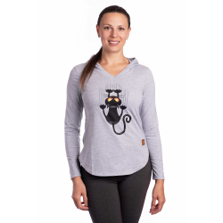 Shes - dámské tričko kočka s kapucí šedé