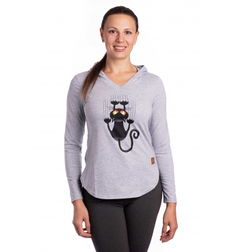 Shes - dámské tričko kočka s kapucí šedé