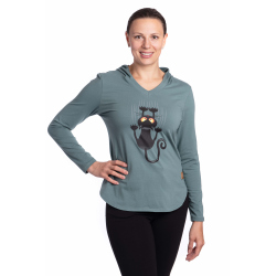 Shes - dámské tričko kočka s kapucí tyrkysové