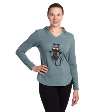 Shes - dámské tričko kočka s kapucí tyrkysové