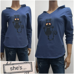 Shes - dámské tričko kočka s kapucí modré