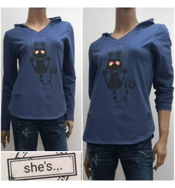Shes - dámské tričko kočka s kapucí modré