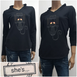 Shes - dámské tričko kočka s kapucí černé